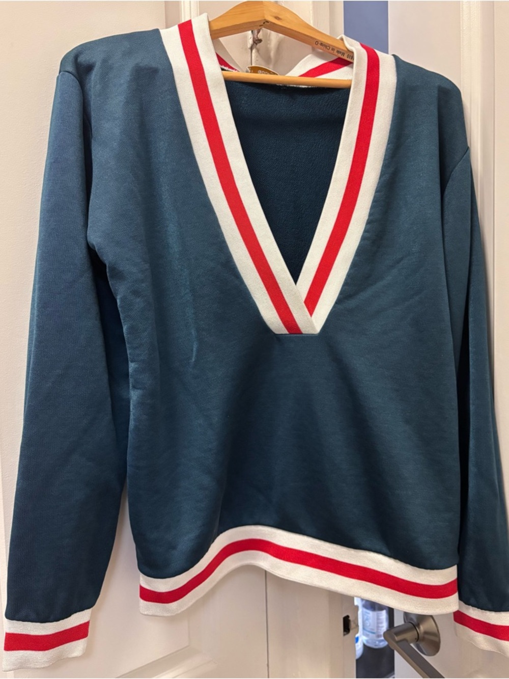 Aritzia - GOLDEN by TNA Teal V-Neck Sweater with Red & White Stripes